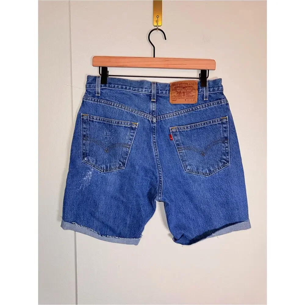 VINTAGE LEVIS cutoff cuffed 505 Regular Fit Long Line Bermuda denim shorts 33